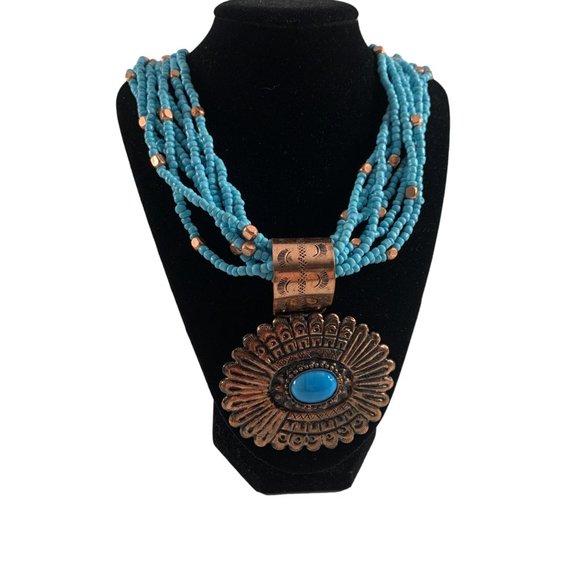 Turquoise Colored Necklace Multistrand Beaded Large Copper Colored Pendant 25" - Picture 14 of 14